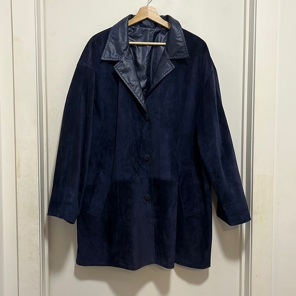 Vintage Navy Suede Coat XL or Oversized Look - Picture 1 of 5